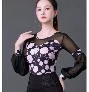 Black with pink cherry flowers latin ballroom dance blouses leotard tops for female women flamenco waltz ballroom rhythm chahca dancing jumpsuits for lady 